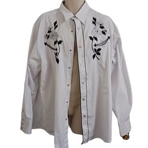 Roper Shirt Rockabilly Western Pockets 2XL Mens White black Roses Pearl Snap